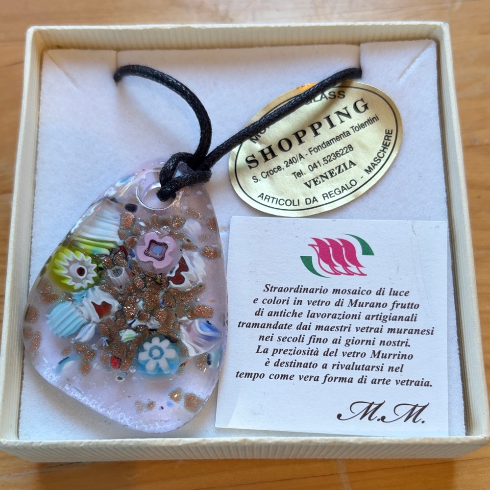In box Murano Glass Pendant Necklace with Millefiori Flower Design